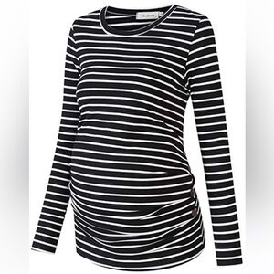 Coolmee Striped Ruched Maternity Long Sleeve Shirt Tunic Top Ladies Medium